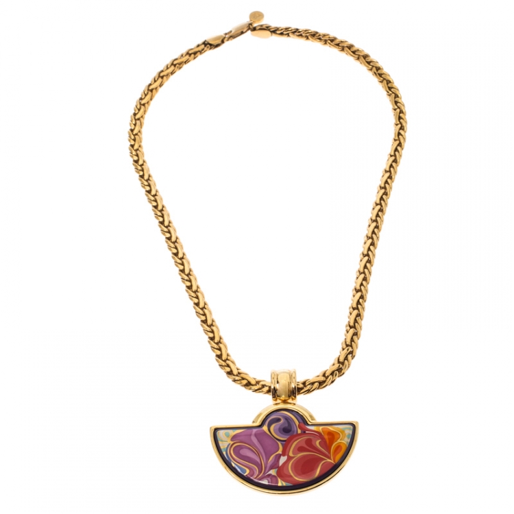 مملوكة مسبقًا Frey Wille Floral Symphony Fire Enamel Gold Plated Half Moon Necklace 