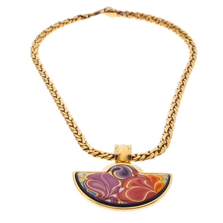 مملوكة مسبقًا Frey Wille Floral Symphony Fire Enamel Gold Plated Half Moon Necklace 