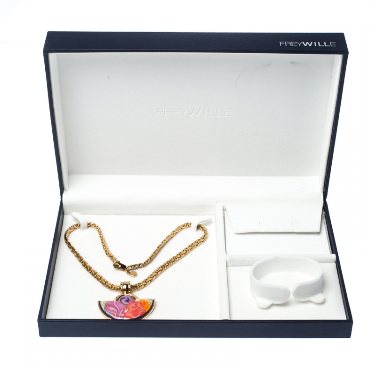 مملوكة مسبقًا Frey Wille Floral Symphony Fire Enamel Gold Plated Half Moon Necklace 