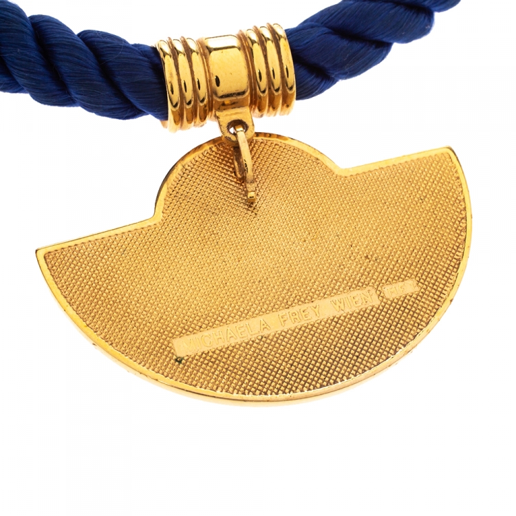 Pre Owned Frey Wille Vintage Sun Motif Blue Fire Enamel Gold Plated Half Moon Pendant 