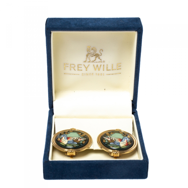 Pre Owned Frey Wille Bird Motif Green Enamel Gold Plated Clip-on Stud Earrings