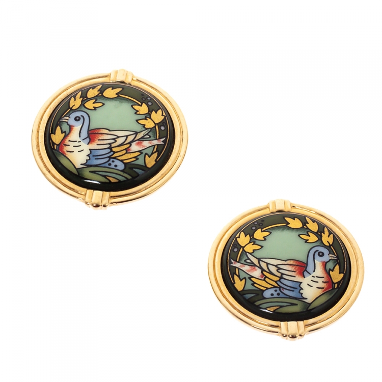 Pre Owned Frey Wille Bird Motif Green Enamel Gold Plated Clip-on Stud Earrings