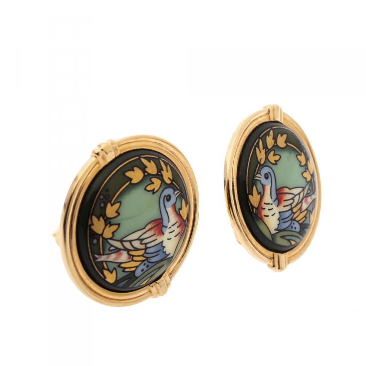 Pre Owned Frey Wille Bird Motif Green Enamel Gold Plated Clip-on Stud Earrings