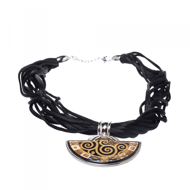 Pre Owned Frey Wille Hommage À Gustav Klimt Nixe Fire Enamel Palladium Plated Half Moon Pendant 