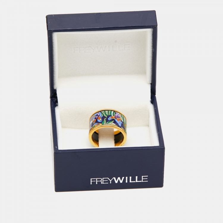 Pre Owned Frey Wille  Fire Enamel Gold Tone Ring Size 55