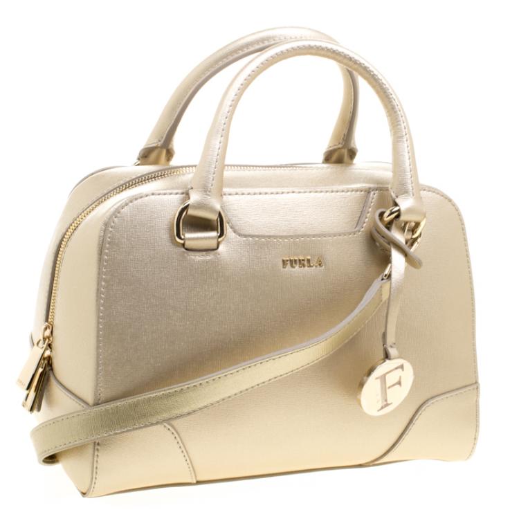 Pre Owned Furla Gold Saffiano Leather Dolly Boston Bag