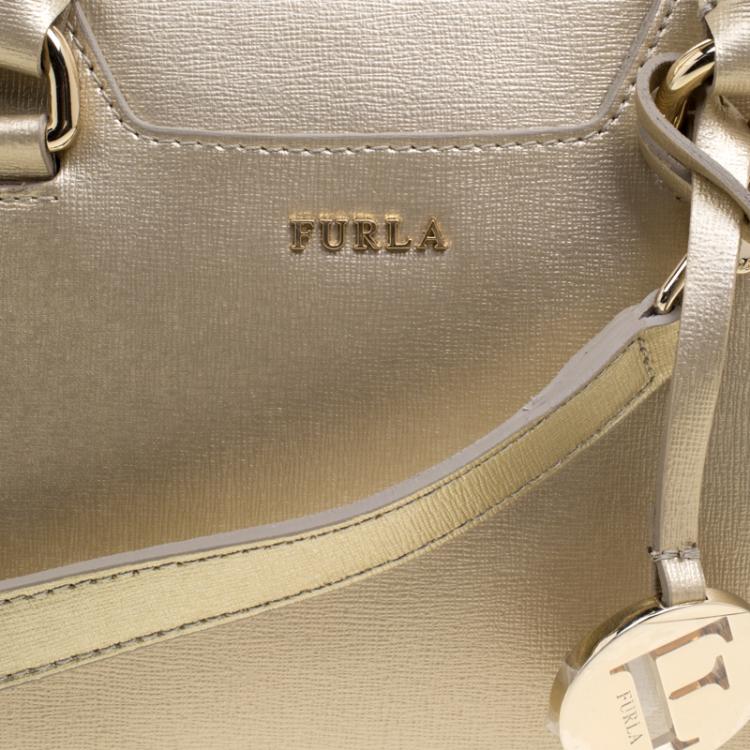 Pre Owned Furla Gold Saffiano Leather Dolly Boston Bag