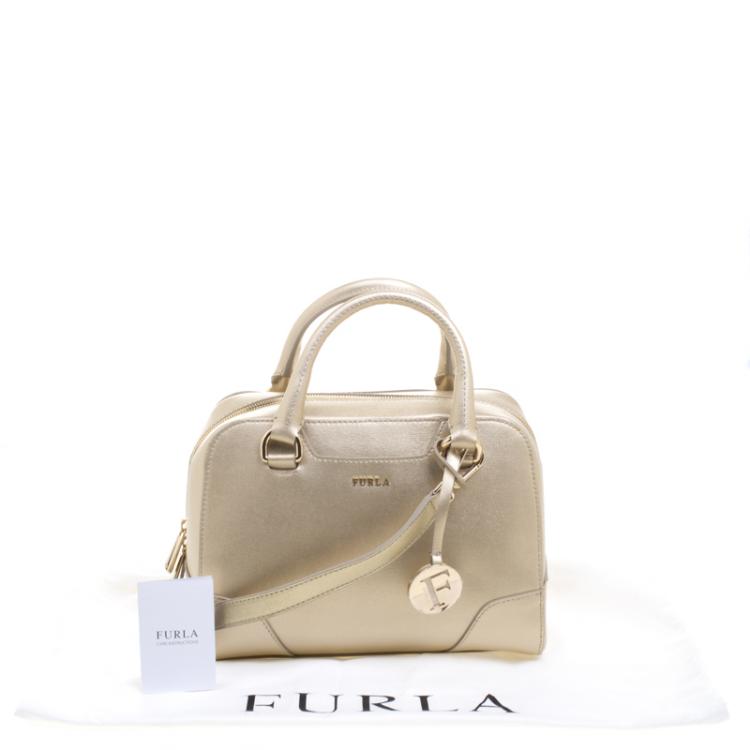 Pre Owned Furla Gold Saffiano Leather Dolly Boston Bag