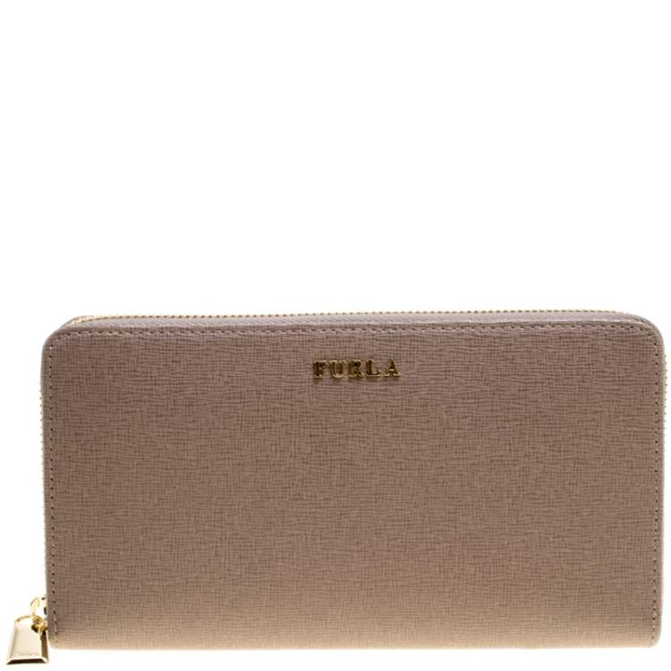 Pre Owned Furla Dark Beige Leather XL Babylon Zip Around Wallet