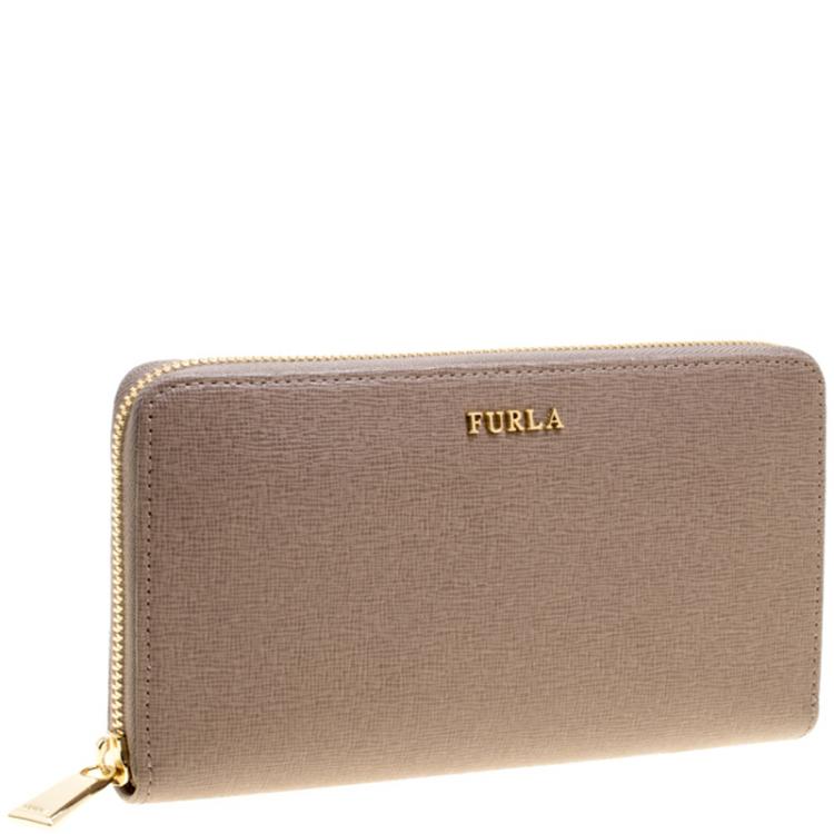 Pre Owned Furla Dark Beige Leather XL Babylon Zip Around Wallet