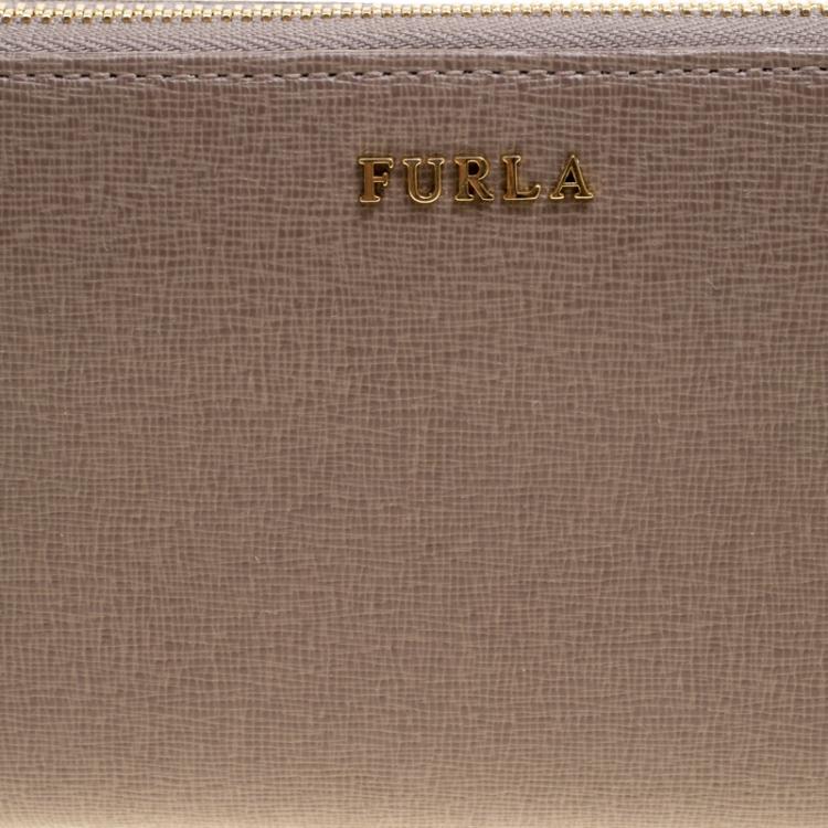 Pre Owned Furla Dark Beige Leather XL Babylon Zip Around Wallet