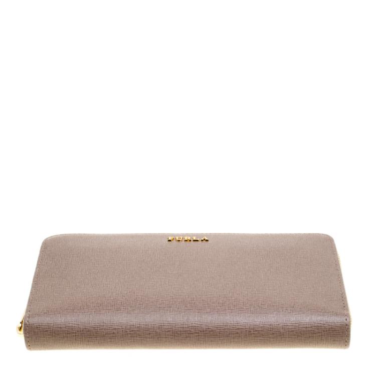 Pre Owned Furla Dark Beige Leather XL Babylon Zip Around Wallet