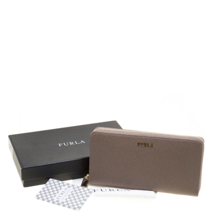 Pre Owned Furla Dark Beige Leather XL Babylon Zip Around Wallet