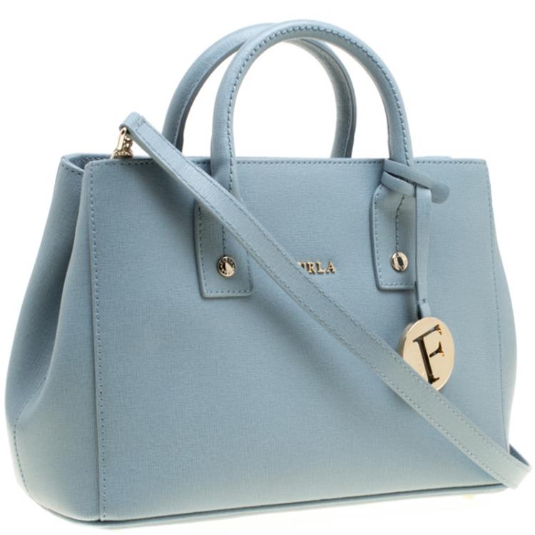 Pre Owned Furla Dusty Blue Leather Mini Linda Tote 