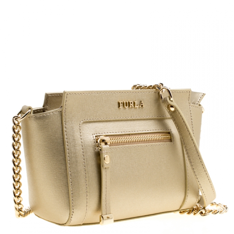 Pre Owned Furla Light Gold Leather Chain Shoulder Bag
