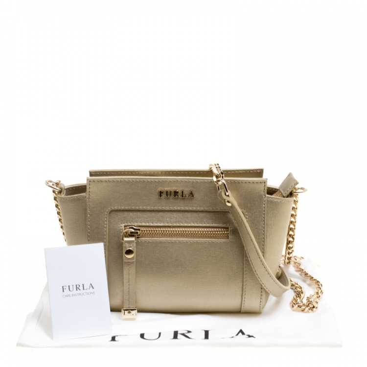 Pre Owned Furla Light Gold Leather Chain Shoulder Bag