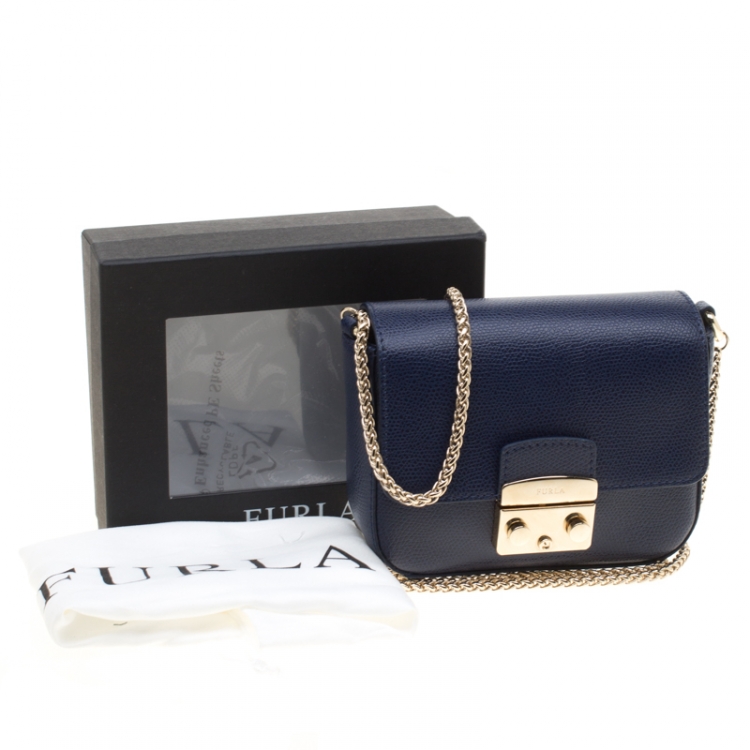 Pre Owned Furla Indigo Leather Mini Metropolis Crossbody Bag