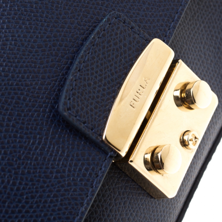 Pre Owned Furla Indigo Leather Mini Metropolis Crossbody Bag