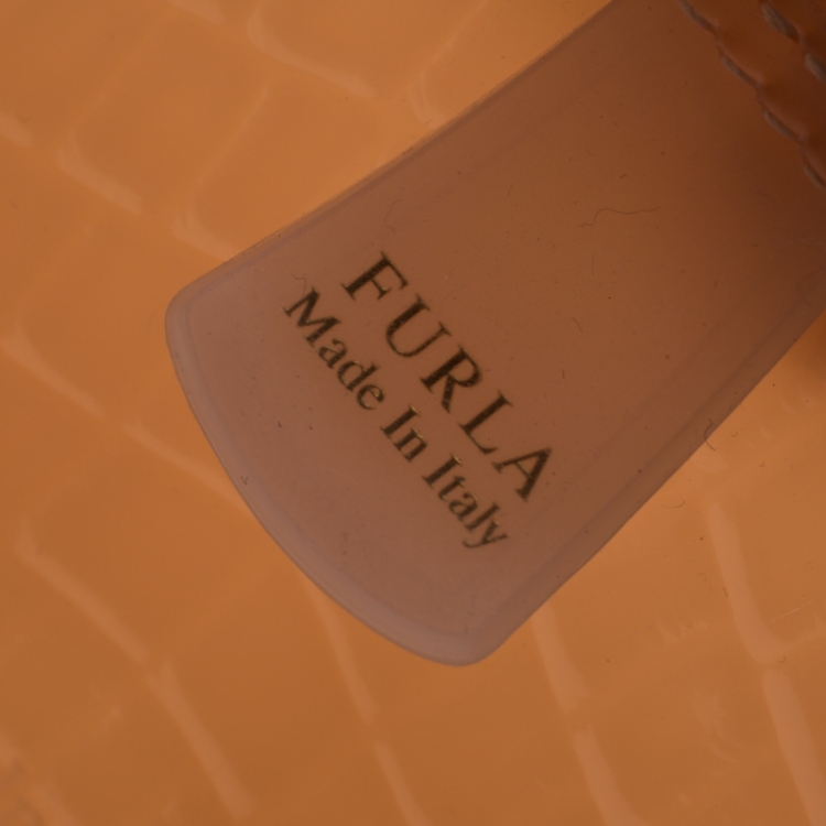 Pre Owned Furla Light Peach Glossy Croc Embossed Rubber Candy Satchel