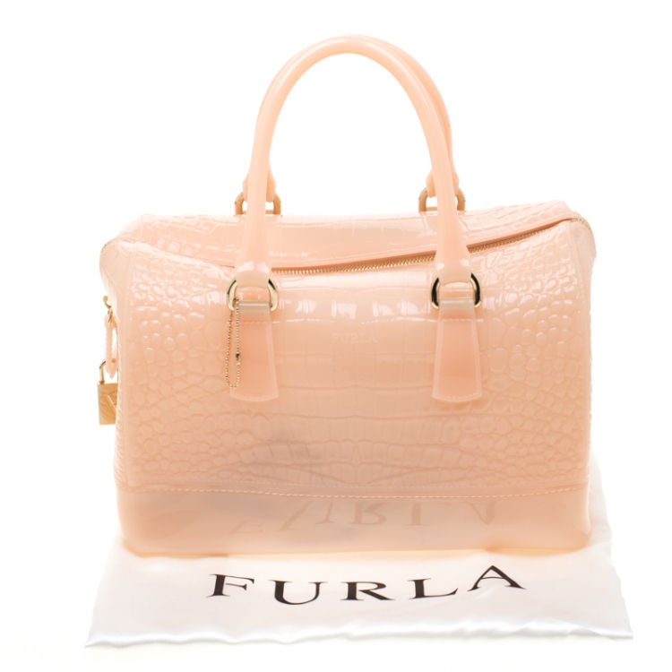 Pre Owned Furla Light Peach Glossy Croc Embossed Rubber Candy Satchel