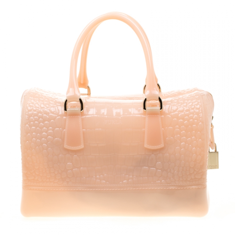 Pre Owned Furla Light Peach Glossy Croc Embossed Rubber Candy Satchel
