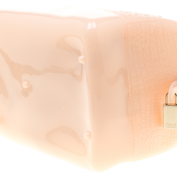 Pre Owned Furla Light Peach Glossy Croc Embossed Rubber Candy Satchel