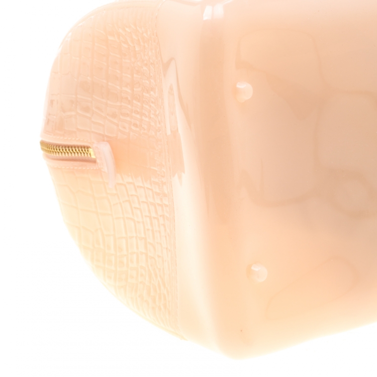 Pre Owned Furla Light Peach Glossy Croc Embossed Rubber Candy Satchel