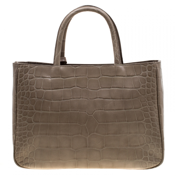 Pre Owned Furla Grey Croc Embossed Leather Practica Tote