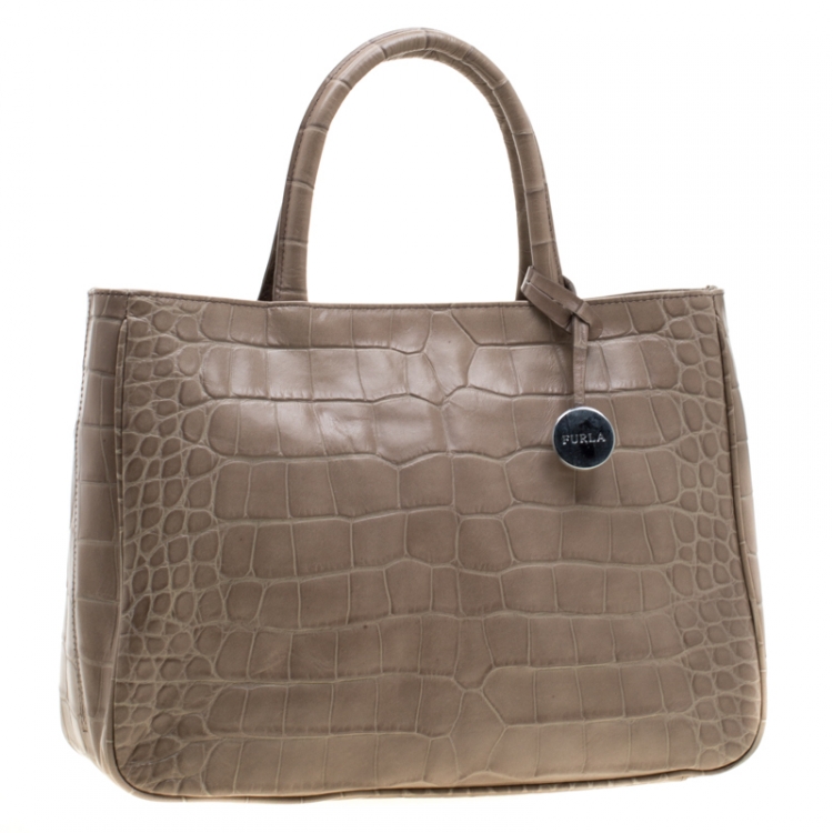 Pre Owned Furla Grey Croc Embossed Leather Practica Tote