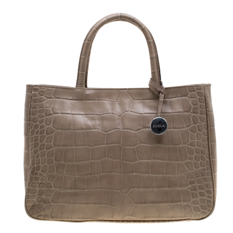 Pre Owned Furla Grey Croc Embossed Leather Practica Tote