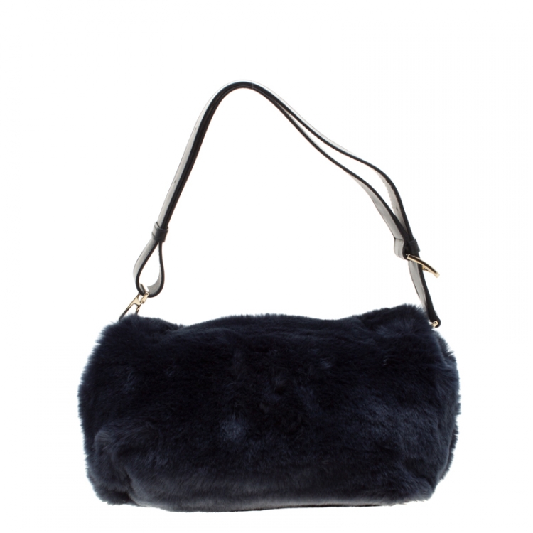 مملوكة مسبقًا Furla Dark Blue Fur Caos Medium Shoulder Bag