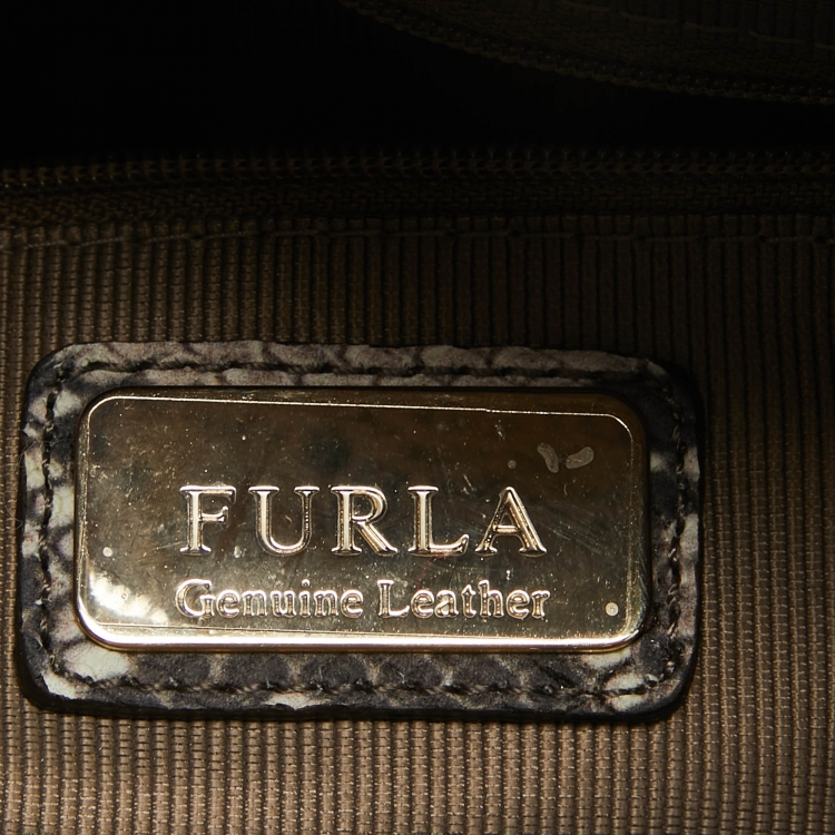 Pre Owned Furla Beige/Black Python Embossed Leather Top Zip Tote