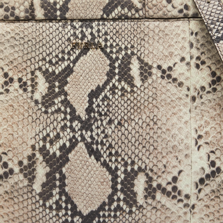 Pre Owned Furla Beige/Black Python Embossed Leather Top Zip Tote