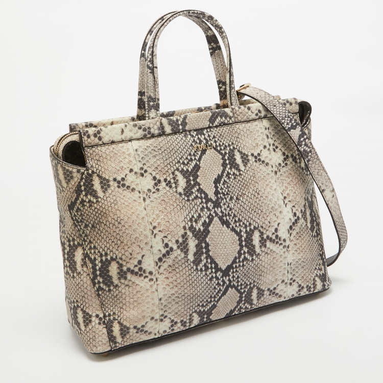 Pre Owned Furla Beige/Black Python Embossed Leather Top Zip Tote