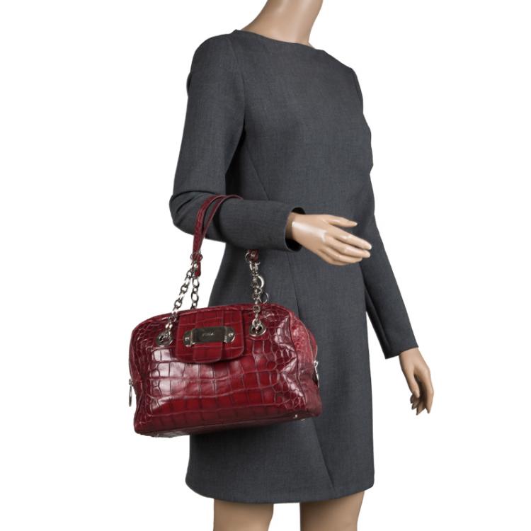 Pre Owned Furla Red Croc Embossed Leather Bowling Bag