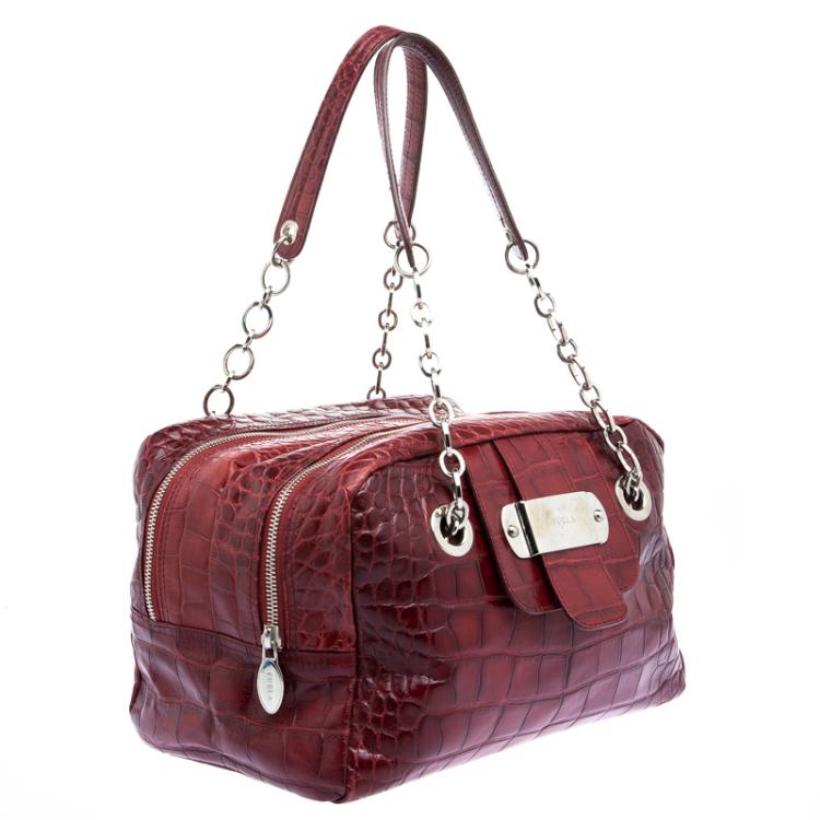 Pre Owned Furla Red Croc Embossed Leather Bowling Bag