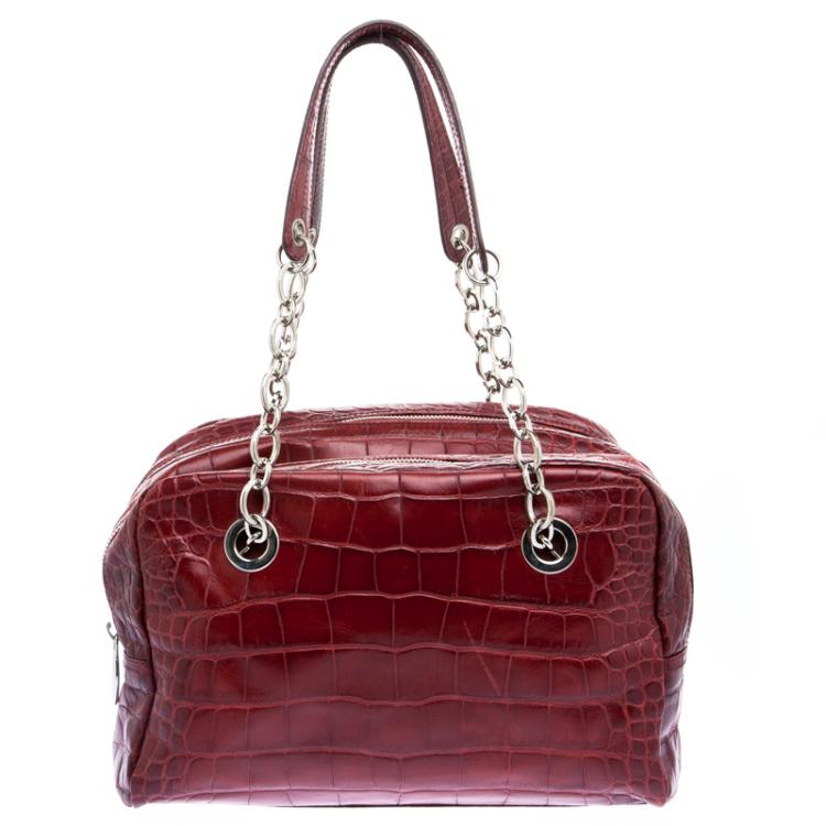 Pre Owned Furla Red Croc Embossed Leather Bowling Bag