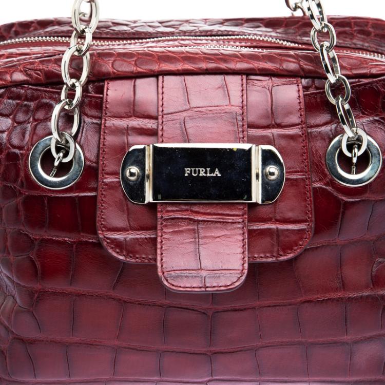 Pre Owned Furla Red Croc Embossed Leather Bowling Bag