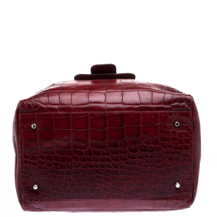 Pre Owned Furla Red Croc Embossed Leather Bowling Bag