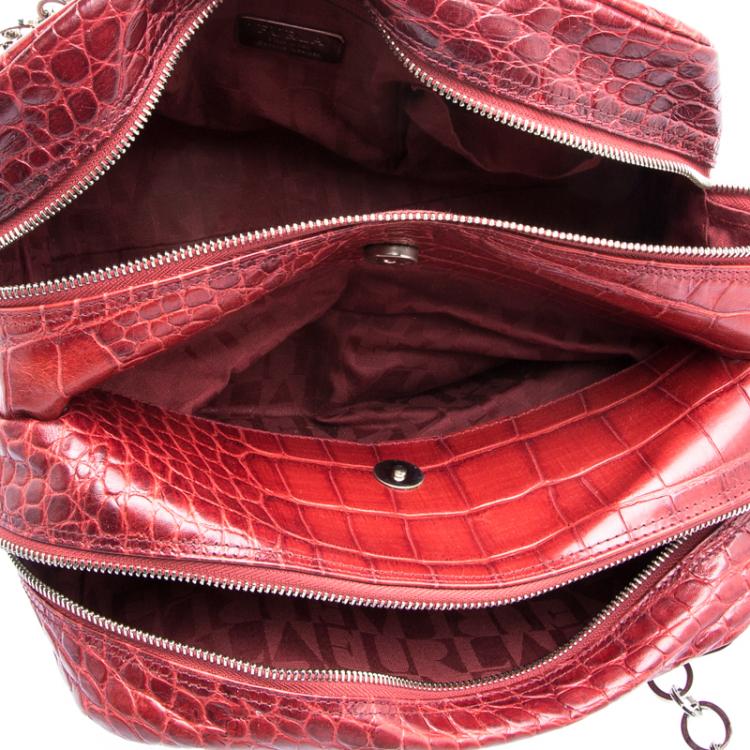 Pre Owned Furla Red Croc Embossed Leather Bowling Bag