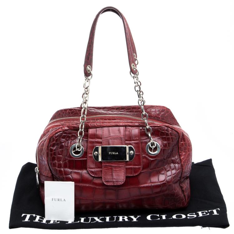 Pre Owned Furla Red Croc Embossed Leather Bowling Bag
