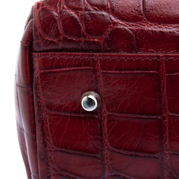 Pre Owned Furla Red Croc Embossed Leather Bowling Bag
