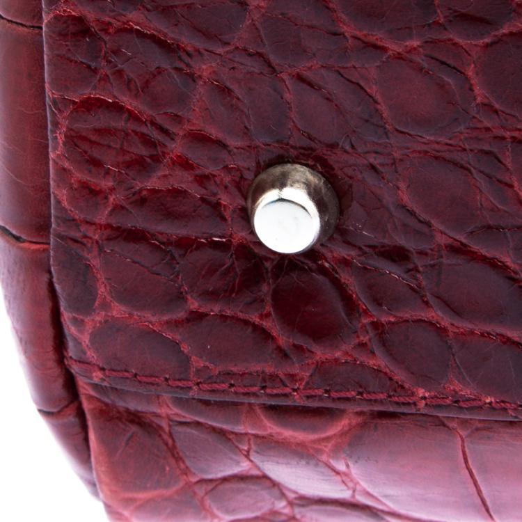 Pre Owned Furla Red Croc Embossed Leather Bowling Bag