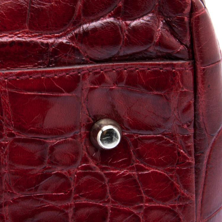 Pre Owned Furla Red Croc Embossed Leather Bowling Bag