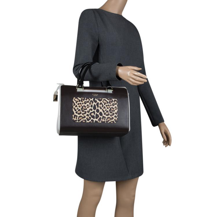 Pre Owned Furla Black/Grey Glossy Rubber and Leather Leopard Detailed Candy Satchel