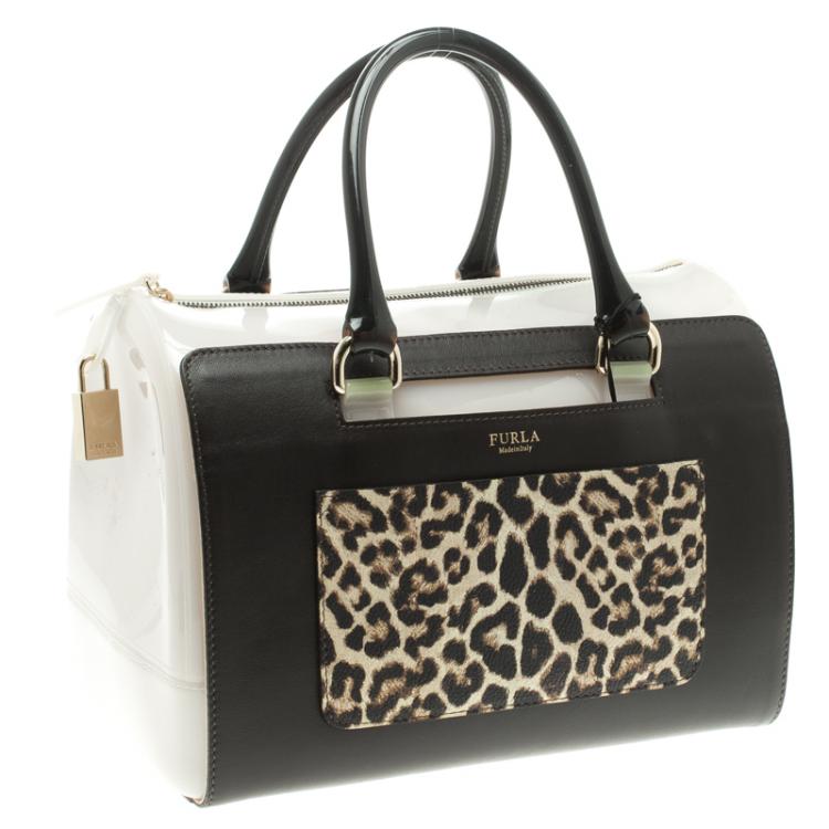 Pre Owned Furla Black/Grey Glossy Rubber and Leather Leopard Detailed Candy Satchel