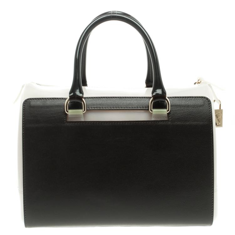Pre Owned Furla Black/Grey Glossy Rubber and Leather Leopard Detailed Candy Satchel