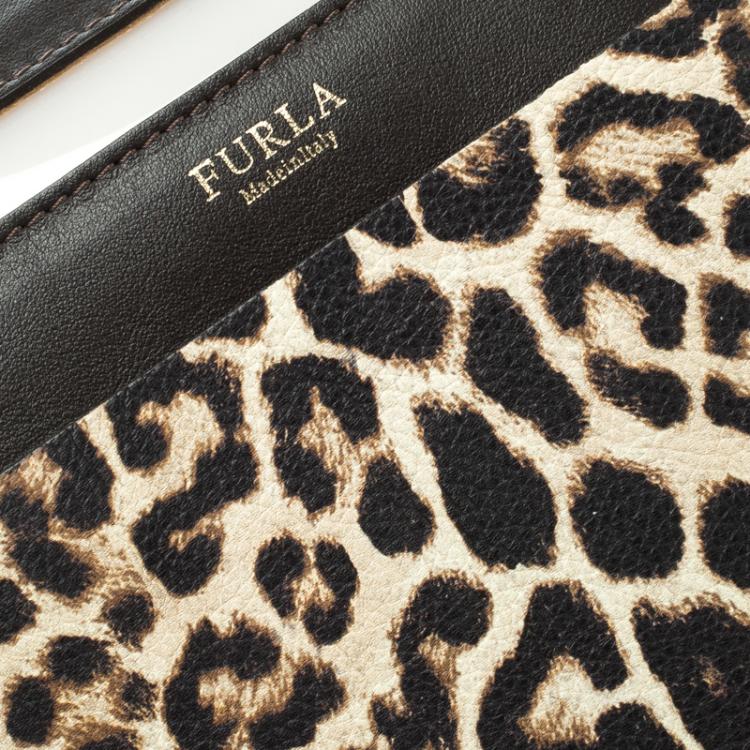 Pre Owned Furla Black/Grey Glossy Rubber and Leather Leopard Detailed Candy Satchel