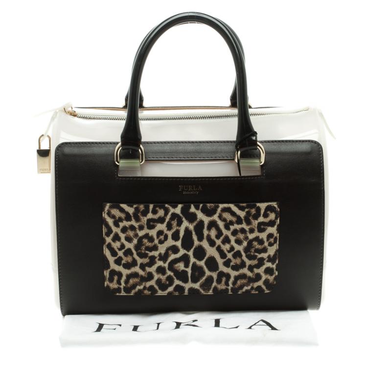 Pre Owned Furla Black/Grey Glossy Rubber and Leather Leopard Detailed Candy Satchel