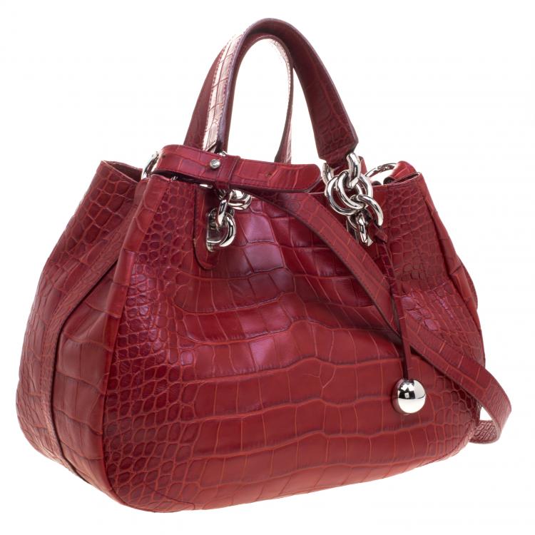 Pre Owned Furla Red Croc Embossed Leather Shoulder Bag